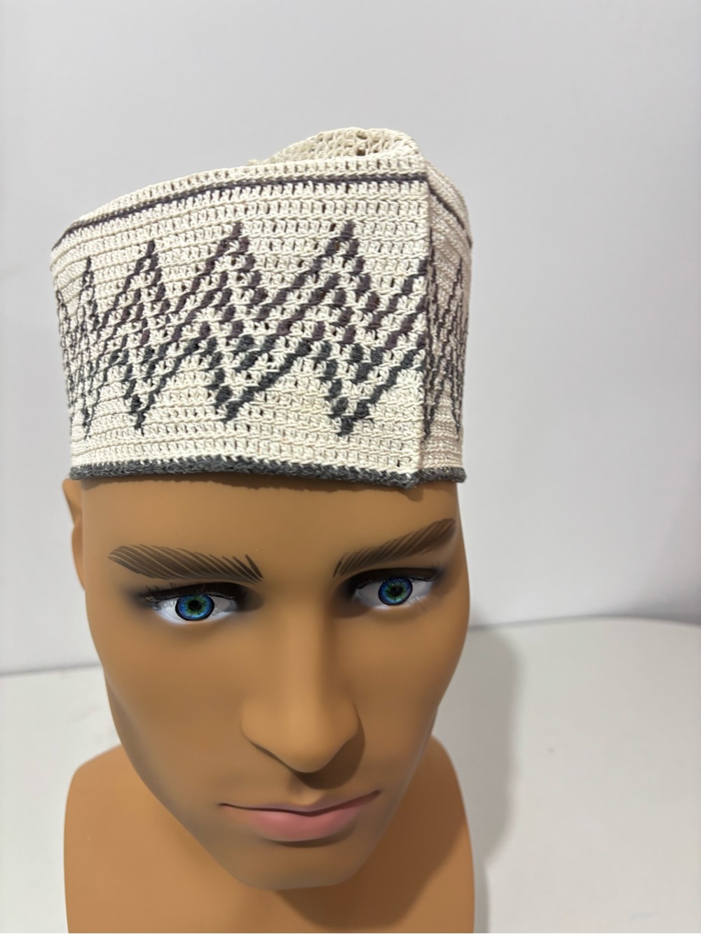 Traditional Crochet Kufi Cap - Cream with brown African men hat men kufi